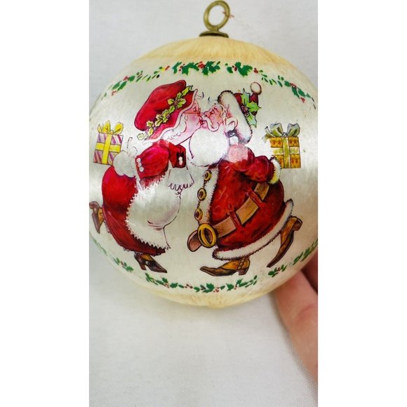 Vintage Stained White Silk Ball Christmas Tree Ornament Ives, Friend, Claus 3.5” - Picture 2 of 15